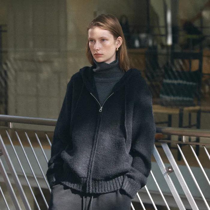 SIKN2172 울 블렌드 니트 후드 집업_Black