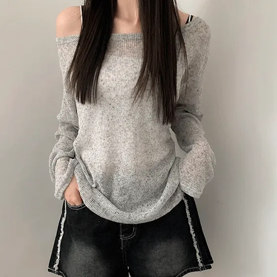 [루즈핏/입술넥] 여름니트 부드러운 린넨 이브 시스루 루즈핏  보트넥 오프숄더 니트