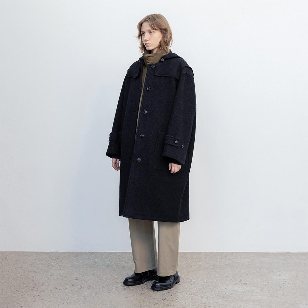 WOOL ALPACA BOUCLE HOODED COAT (BLACK)