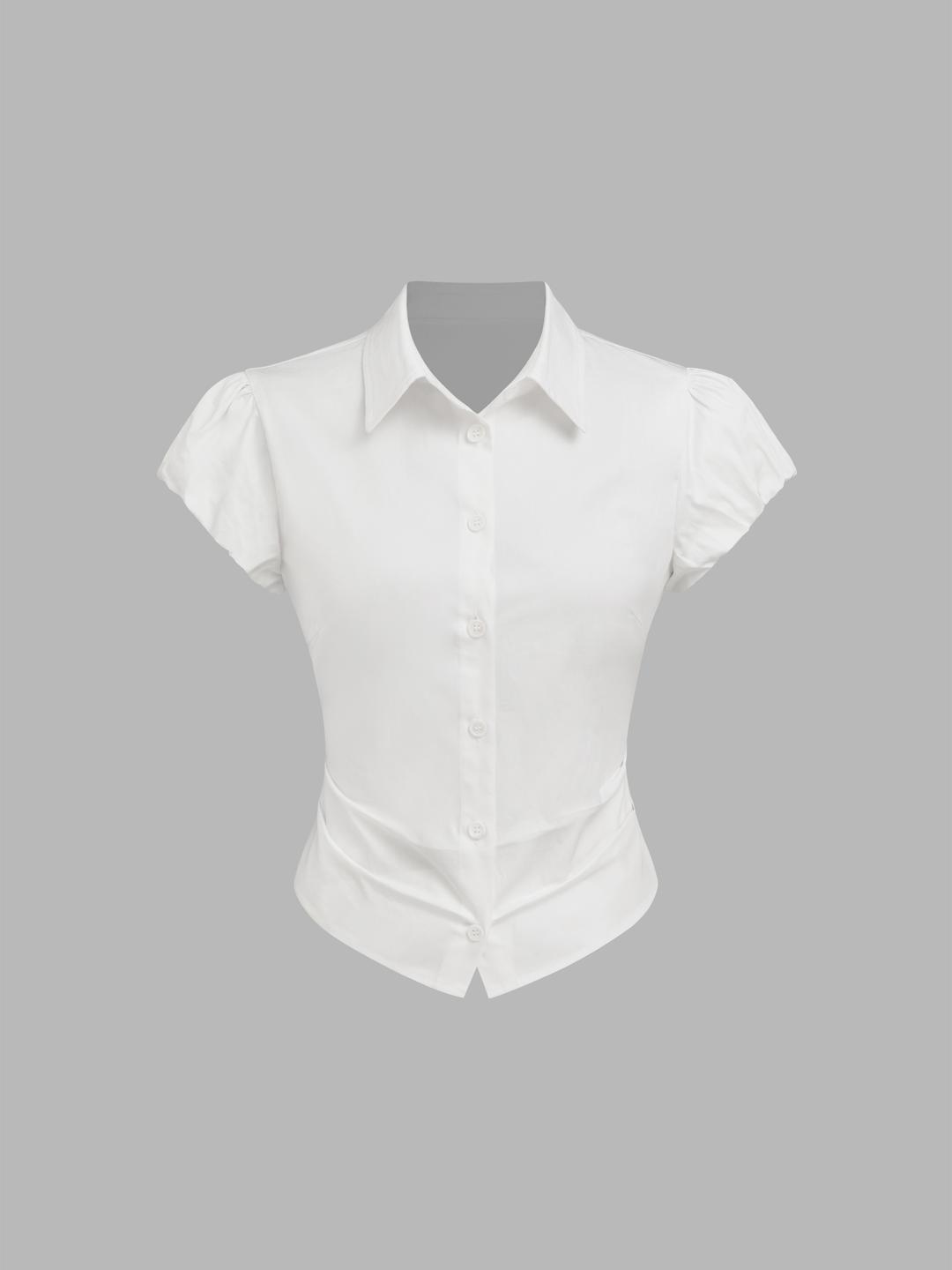 100% Cotton Collar Ruched Puff Sleeve Shirt