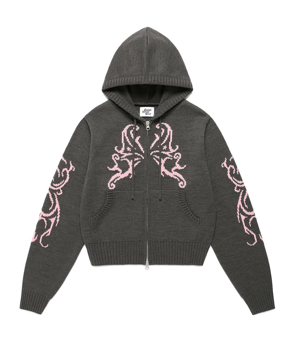 W BUTTERFLY KNIT ZIP UP HOODIE[CHARCOAL]