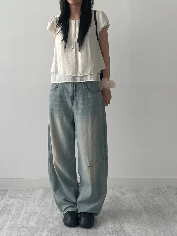 [unisex/여름원사] 프레드 핀턱 와이드 데님 팬츠 (틴블루)
