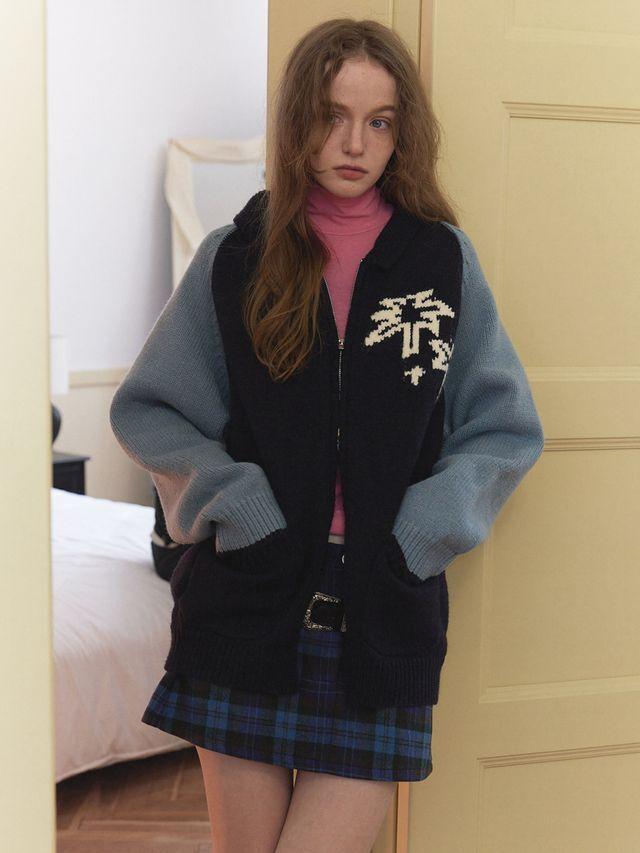 SQUAREHOULEST 그래픽 니트 집업자켓 (네이비)