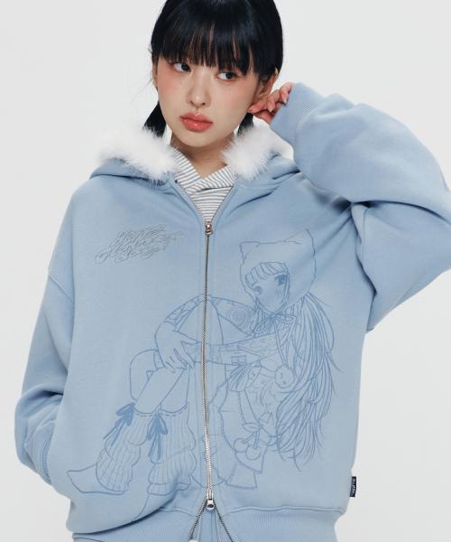 키르시 X 피투 퍼트리밍 그래픽 후드 집업 [다크 블루]