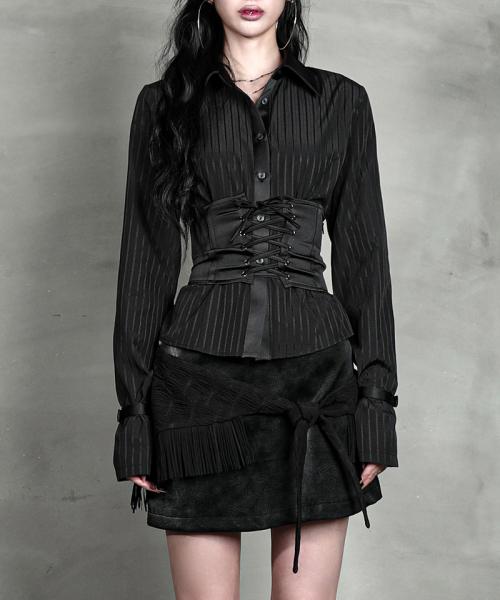 SATIN MIX CORSET SHIRT #BLACK STRIPE