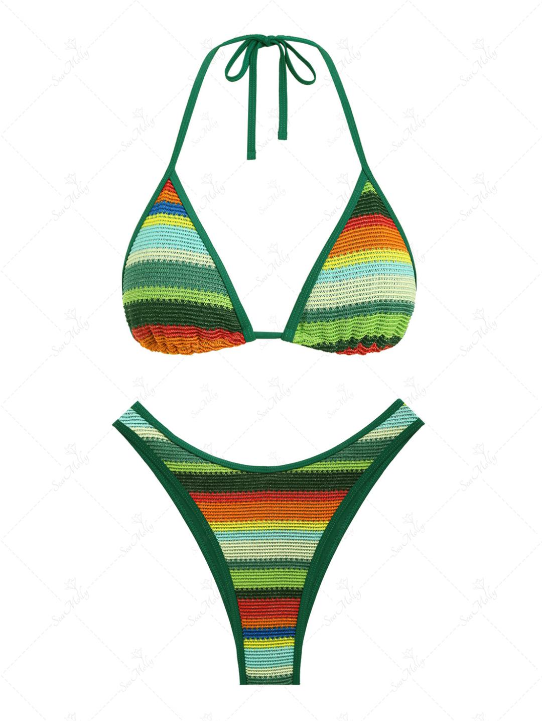 Seamolly Colorblock Stripes Triangle Halter Tied Cheeky Bikini Set
