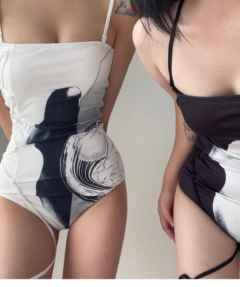 동양 사이드 롱스트링 프린트 모노키니