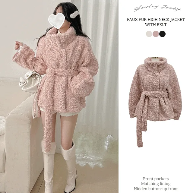 ⚡핵따숩⚡ 뽀글이 무스탕 하이넥 허리끈 퍼 자켓 3 COLORS