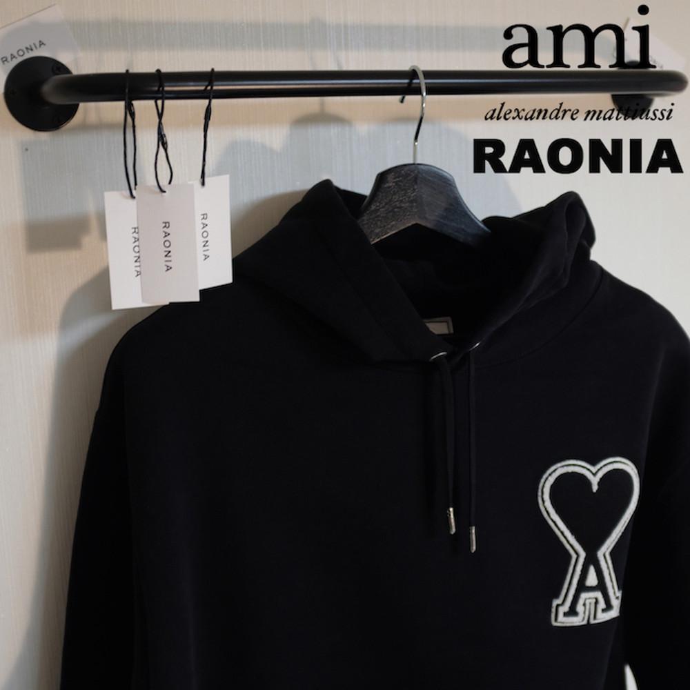 아미 빅하트 로고 루프백 오버핏 블랙 기모 스웨트 후드 티셔츠