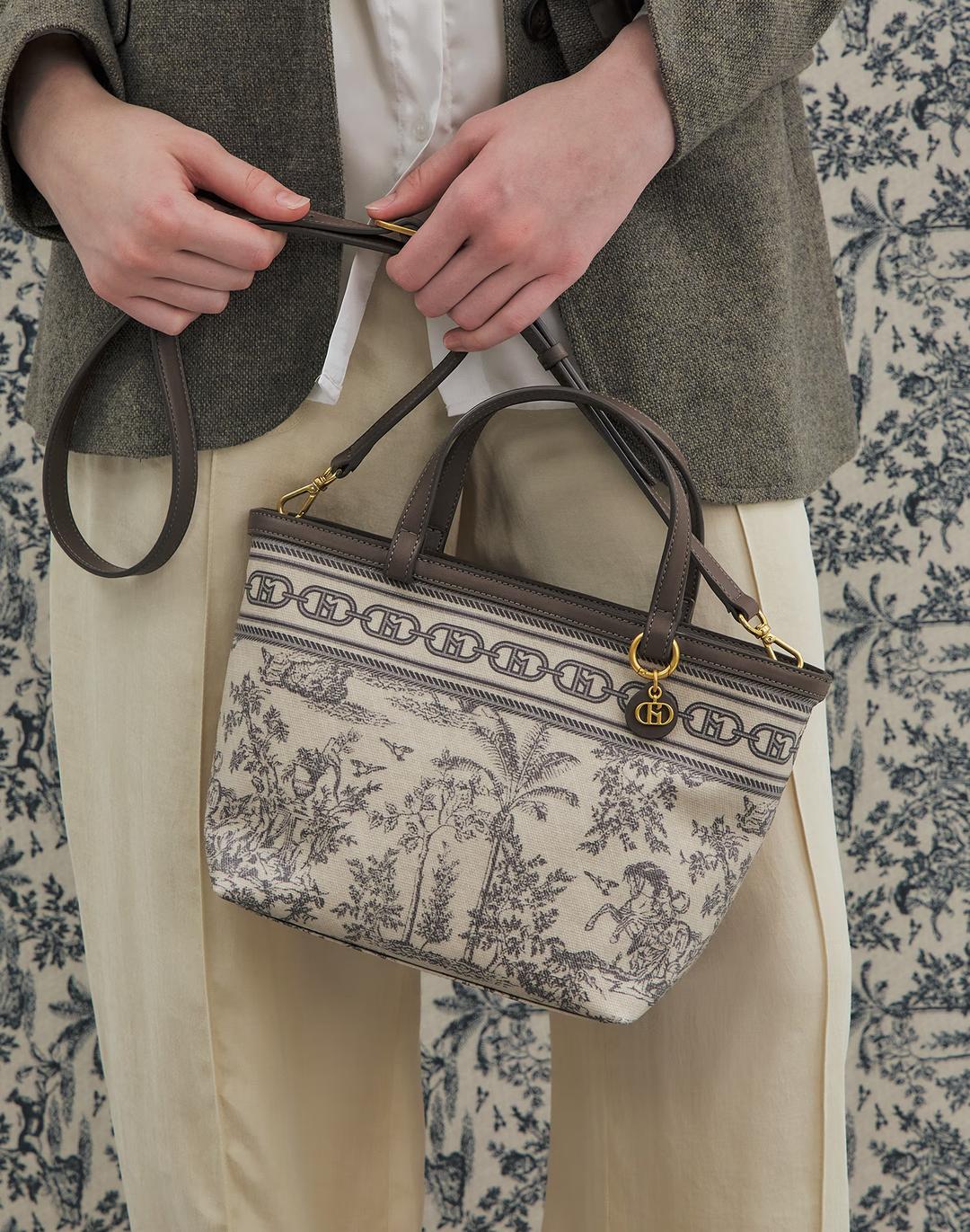 [뜨왈드주이][H.Toile] H 뜨왈 그레이 코티드 캔버스 토트겸 숄더백 M