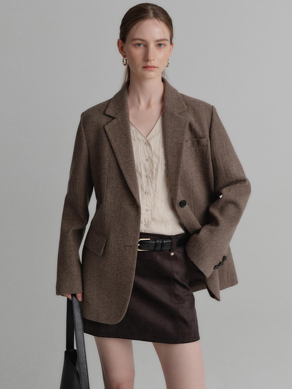 소이 울 싱글 자켓_브라운 헤링본