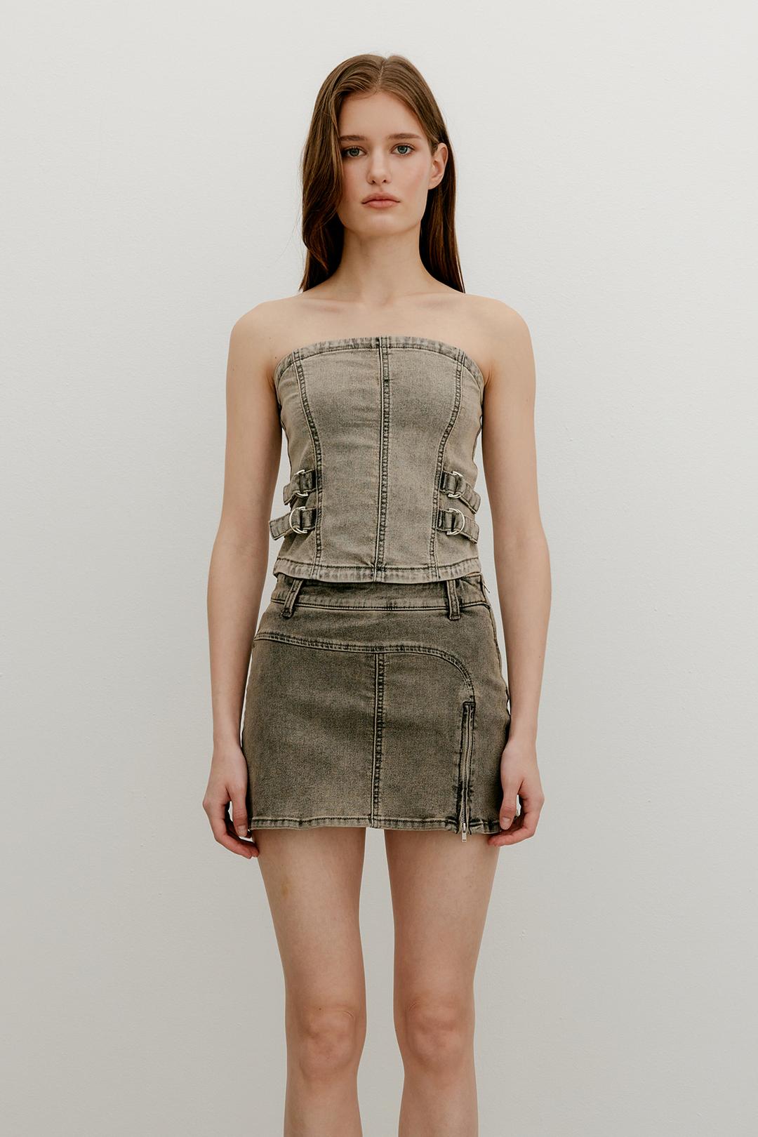 BELTED DENIM TUBE TOP - TURNUP GRAY