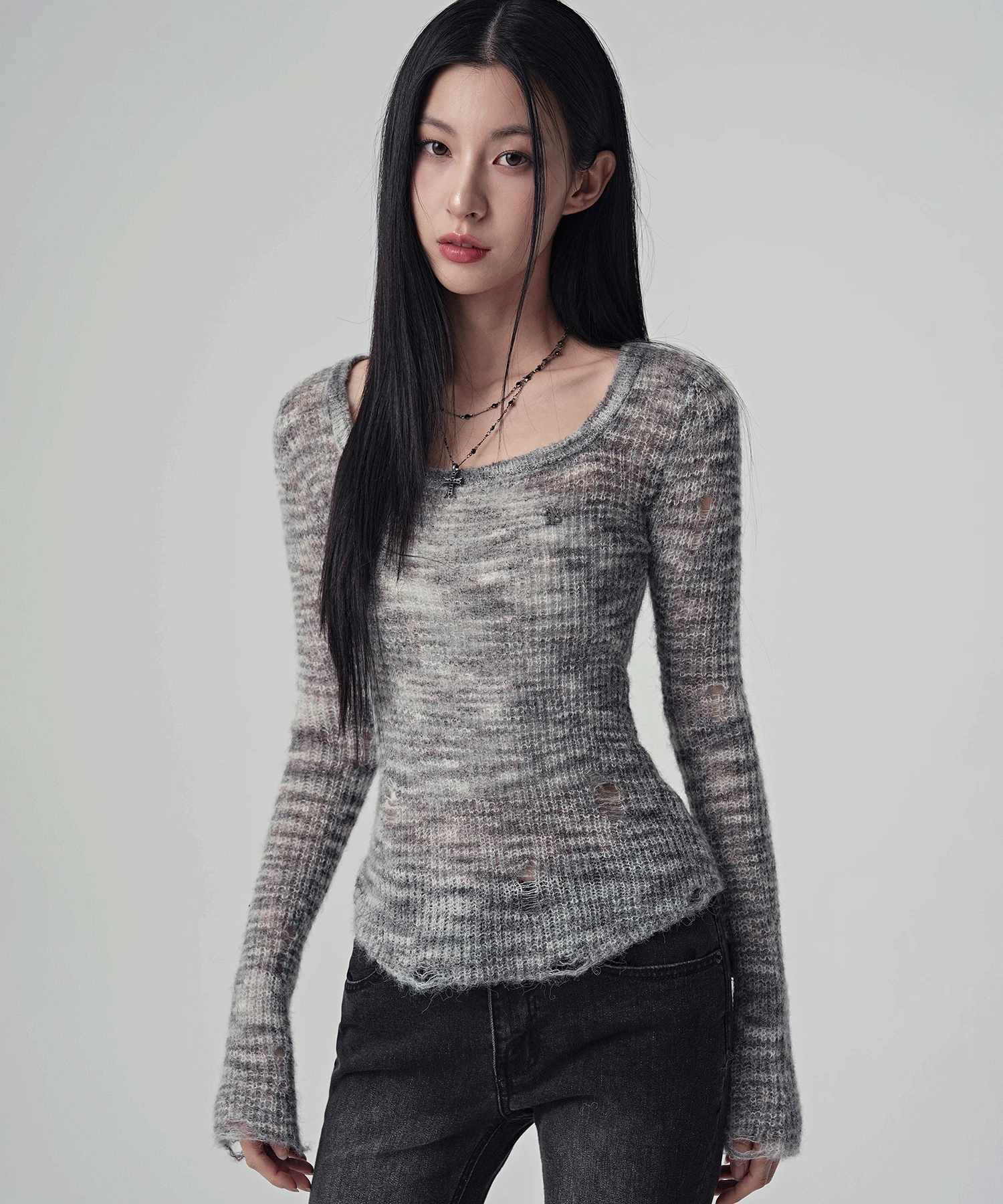 Multi Demage Scoop Knit_2Colors