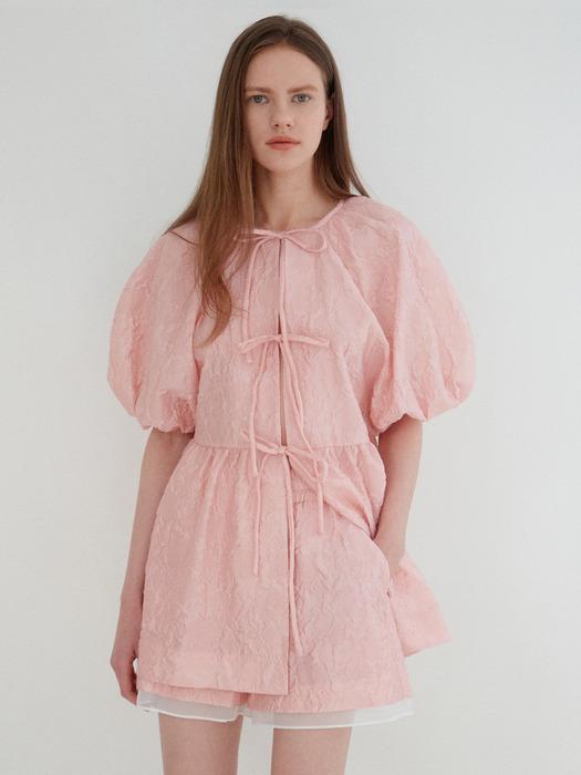 Jacquard volume puffy 2way blouse - Pink