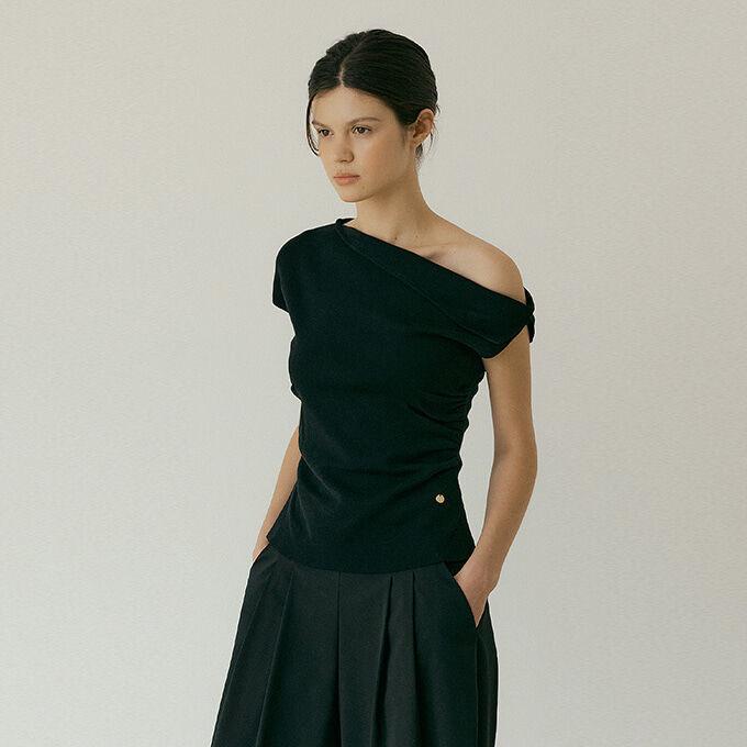 Shirring drop sleeveless knit (black)