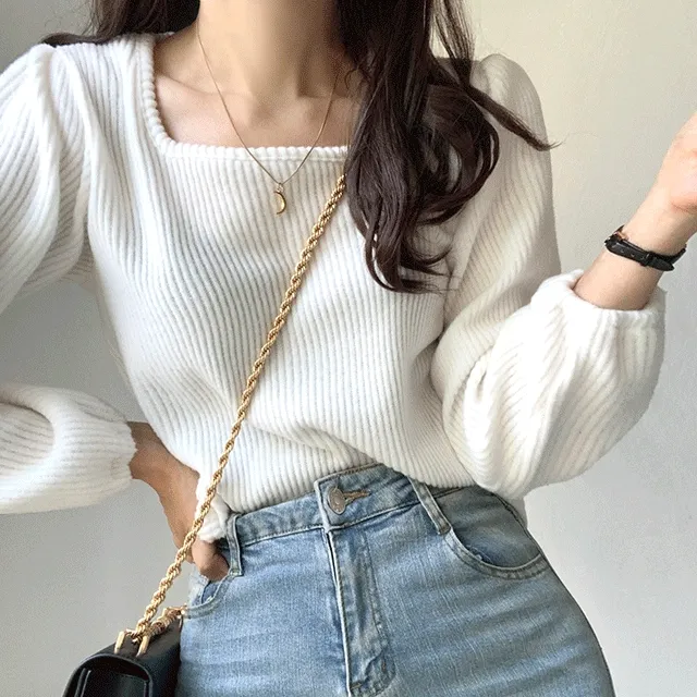 폭신폭신 굵은 골지 스퀘어넥 크롭 퍼프 니트