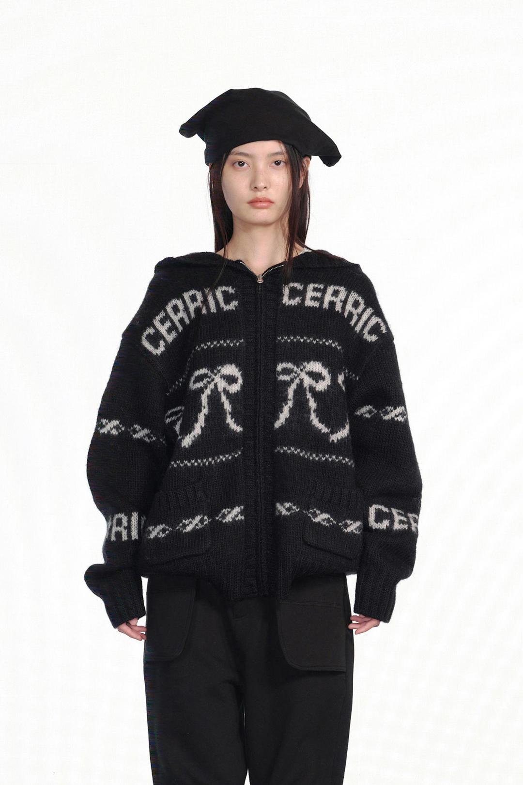 RIBBON COWICHAN ZIP UP / BLACK