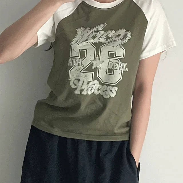 [Y2K무드/빈티지] 와코 나그랑 배색 티셔츠 힙무드 세미 크롭 티셔츠 슬림 나그랑 반팔티 (3color)