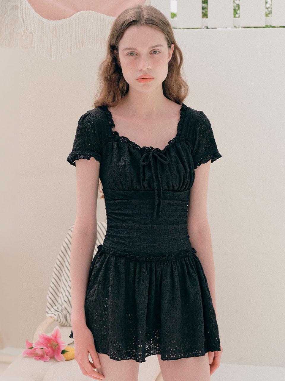 SHIRRING LACE ONEPIECE SWIMSUIT BLACK
