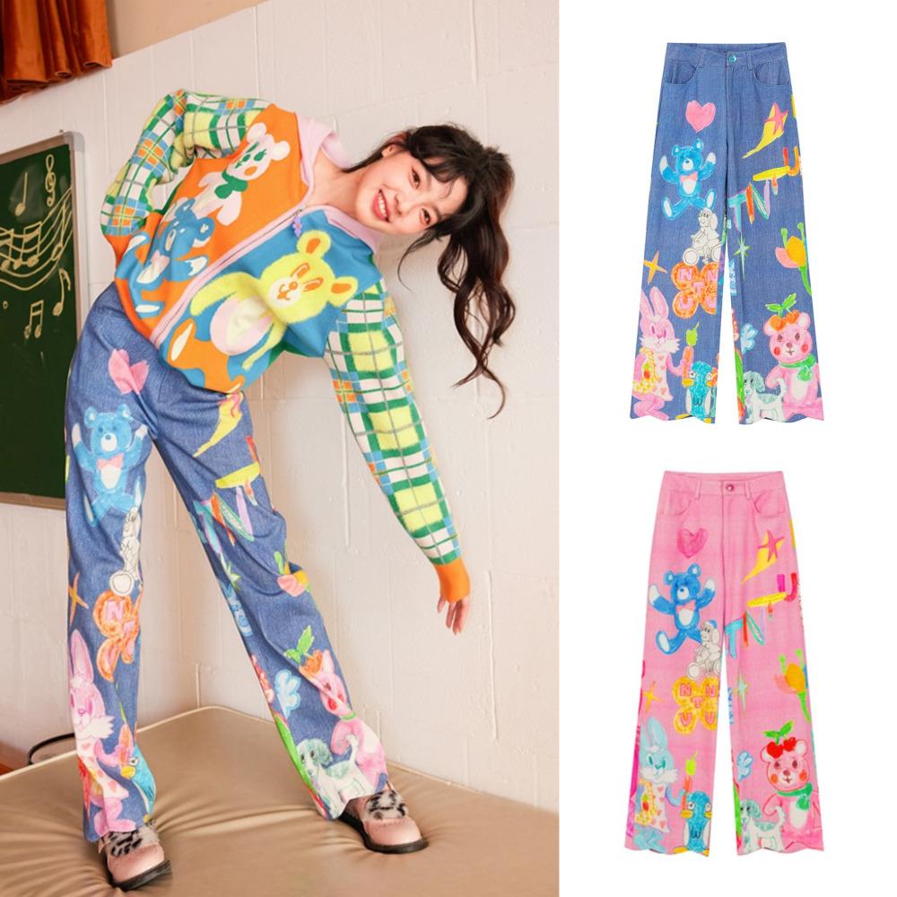 TNTNTUTU 낙서 팬츠 코튼 스트레이트 일자 캐릭터 바지