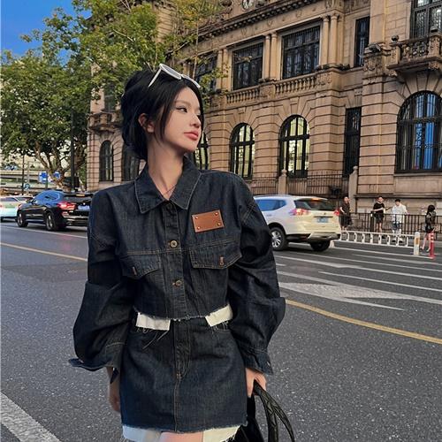 [부분당일발송] (코디세트/~L사이즈) 조이 아메리칸무드 생지 데님 원워싱 청 진 청자켓 크롭자켓 아방핏 박시핏 세미루즈핏 청치마  내추럴 H라인 럭셔리 하이퀄리티 멀티포켓 빈티지 구제 레트로 셋업 드랍다운 심플 가죽패치 포인트 패셔너블 20대추천 트랜디