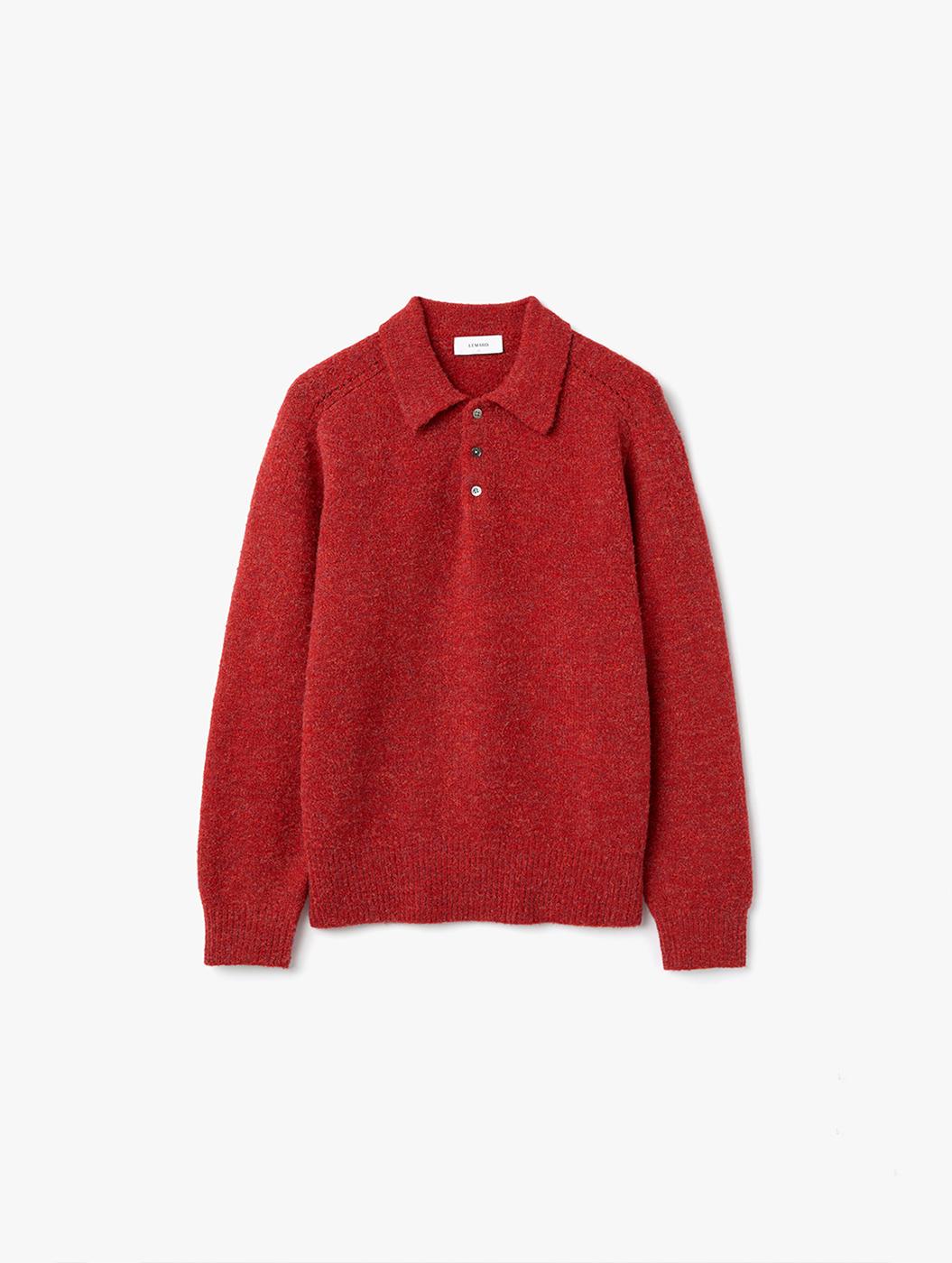 울 오버핏 단추 카라 니트 - 레드