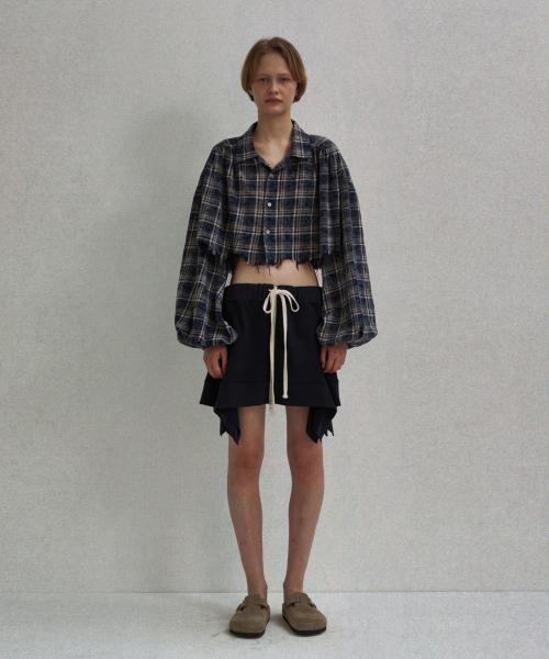 WASHED CHECK SHIRRING SHIRT_BLUE