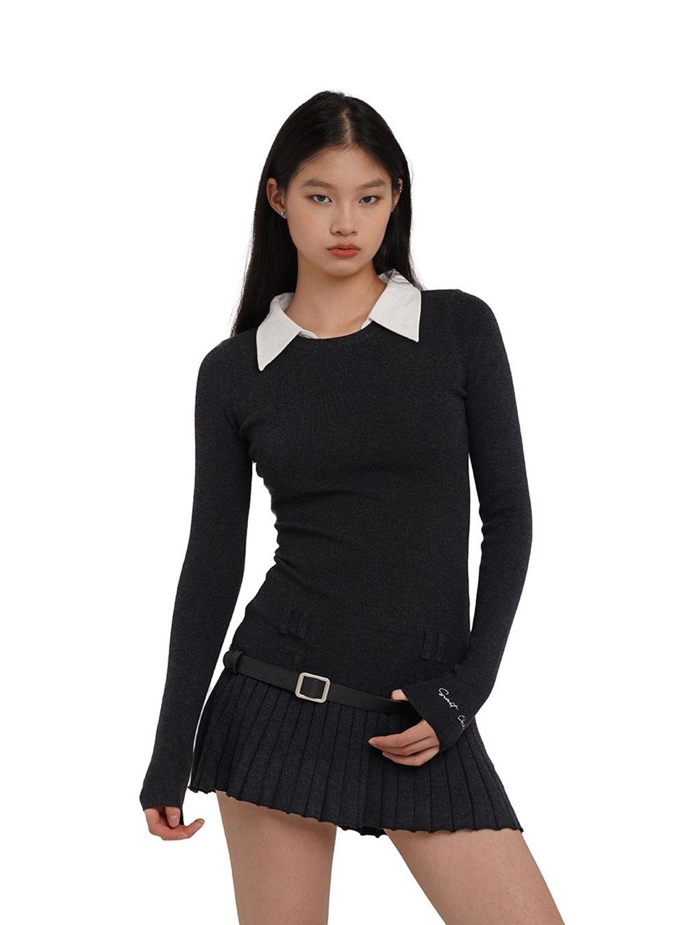 Shirt Collar Preppy Slim Pleated Dress (belt Set)