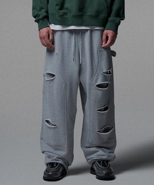 Destoryed Double Knee Carpenter Sweat Pants - Grey