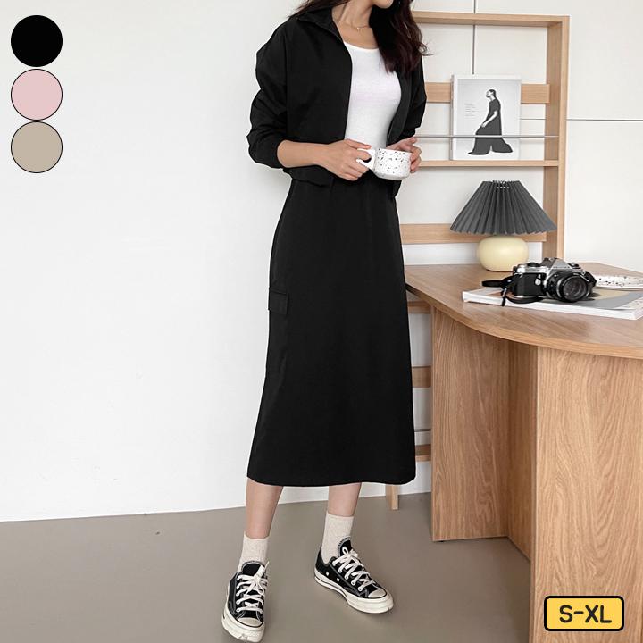 [라스트찬스]가비진 여성용 상하의세트 아노락 바람막이 긴팔 집업+H라인 밴딩 카고 뒤트임 롱 스커트 치마 세트