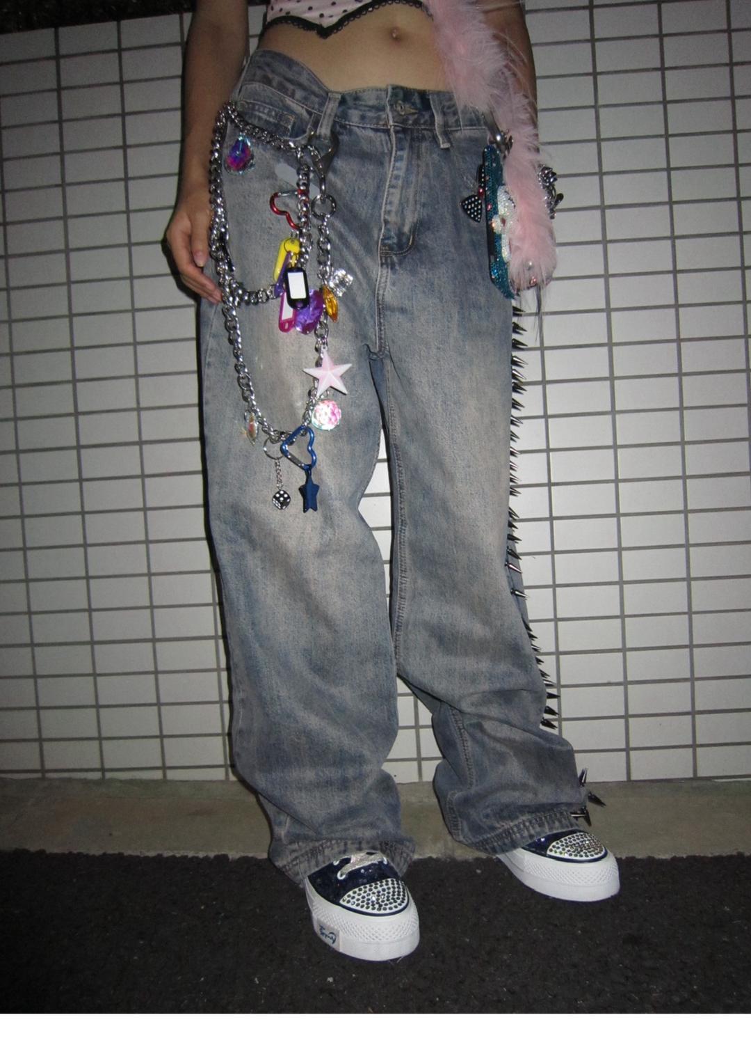 Single Side Rivet Washed Loose Denim Pants