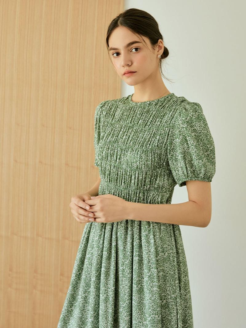 Pattern Shirring long Dress (green)