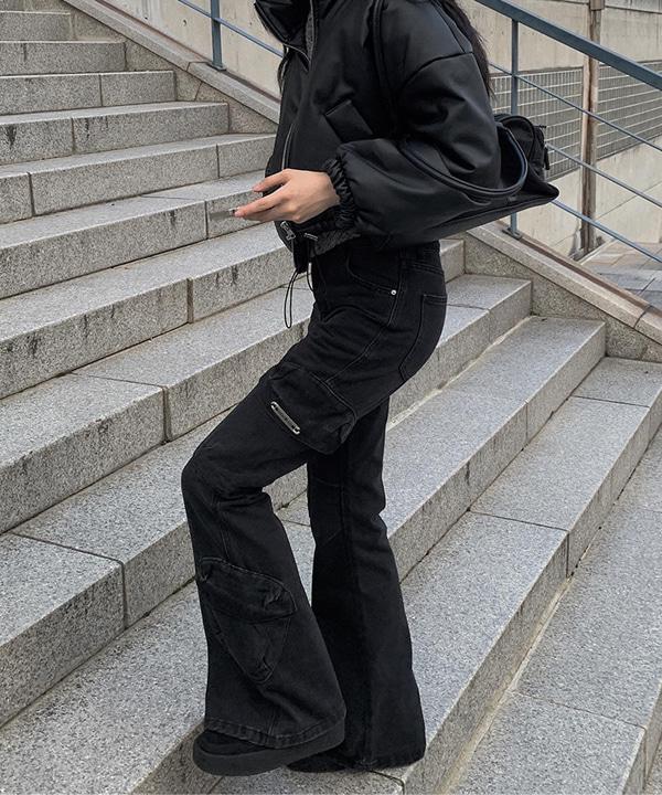 워리 카고 흑청 부츠컷 팬츠