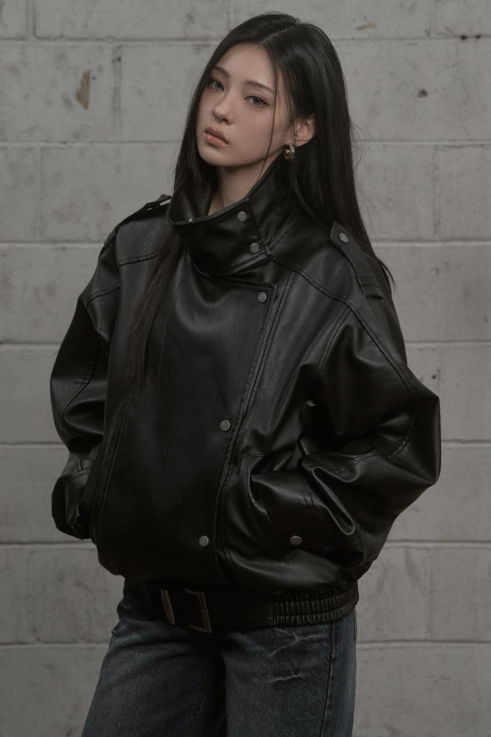 Structured High-Neck Leather Jacket (black)