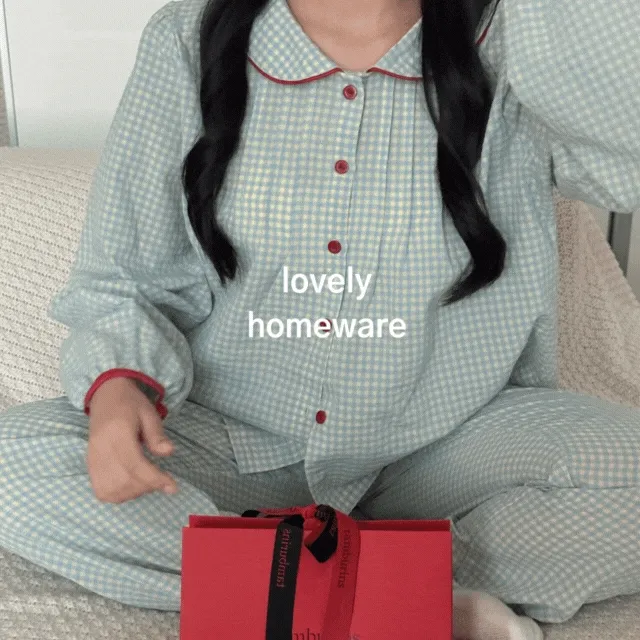 🍒주문폭주/수련회룩🍒 러블리 잠옷 체크 데일리 순면 긴팔 여행룩 홈웨어 세트