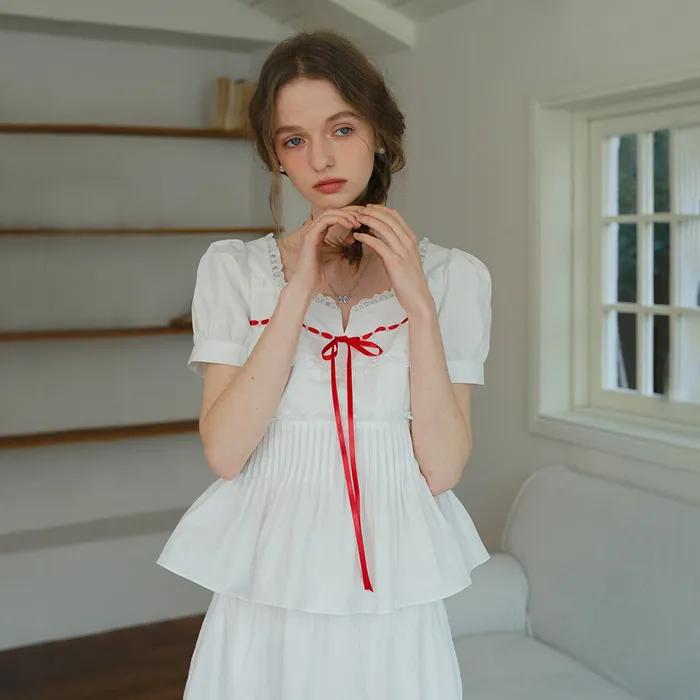 Cest_White lace ribbon blouse