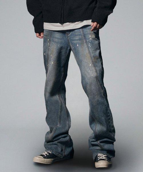 Curved Dirty Wash Bootscut Denim Pants - Deep Blue