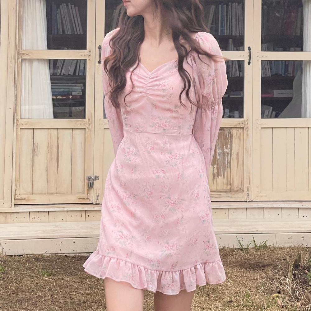 플라워 하트넥 오프숄더 쉬폰 미니원피스