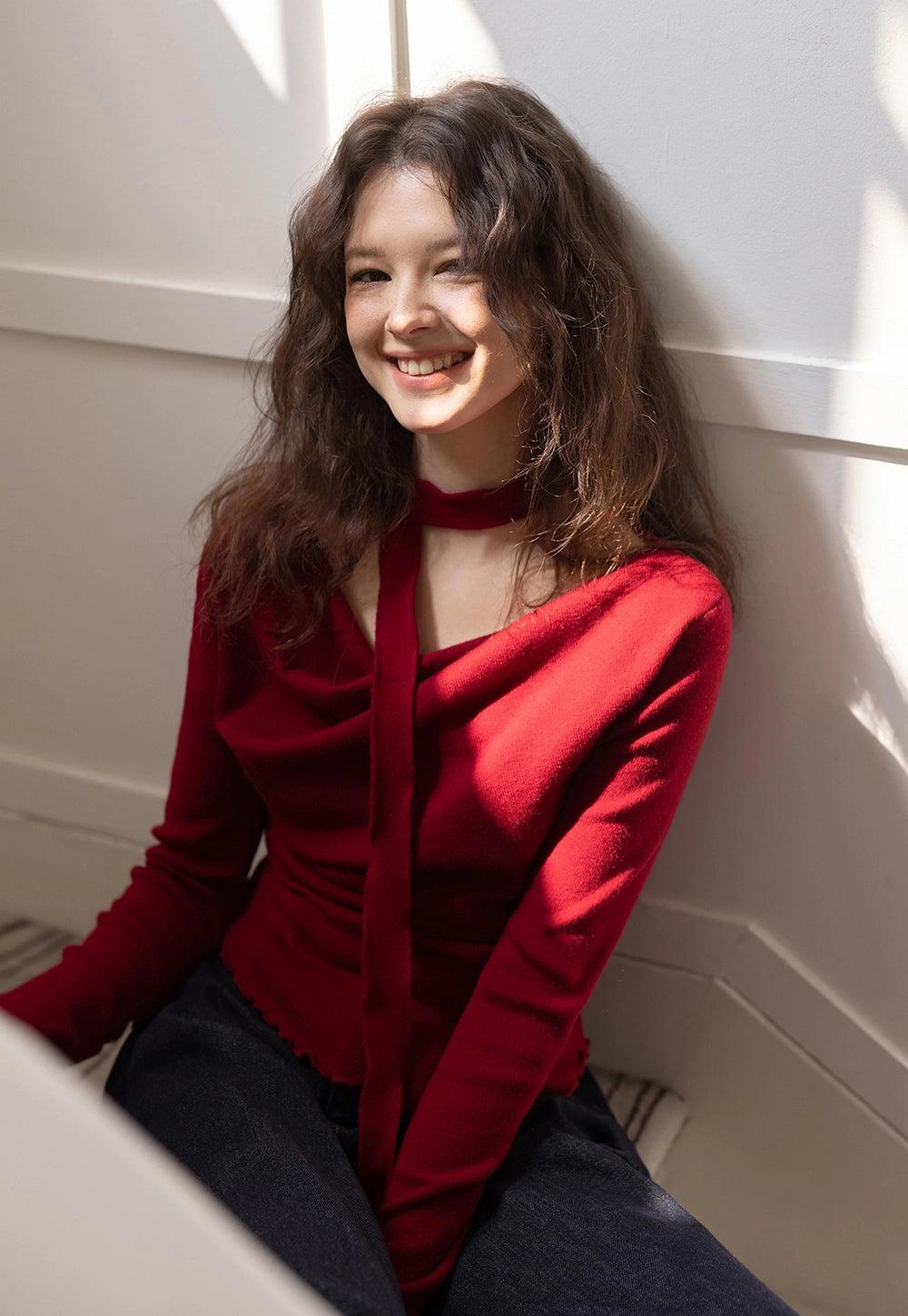 여성용 비대칭 카울넥 긴팔 니트 탑