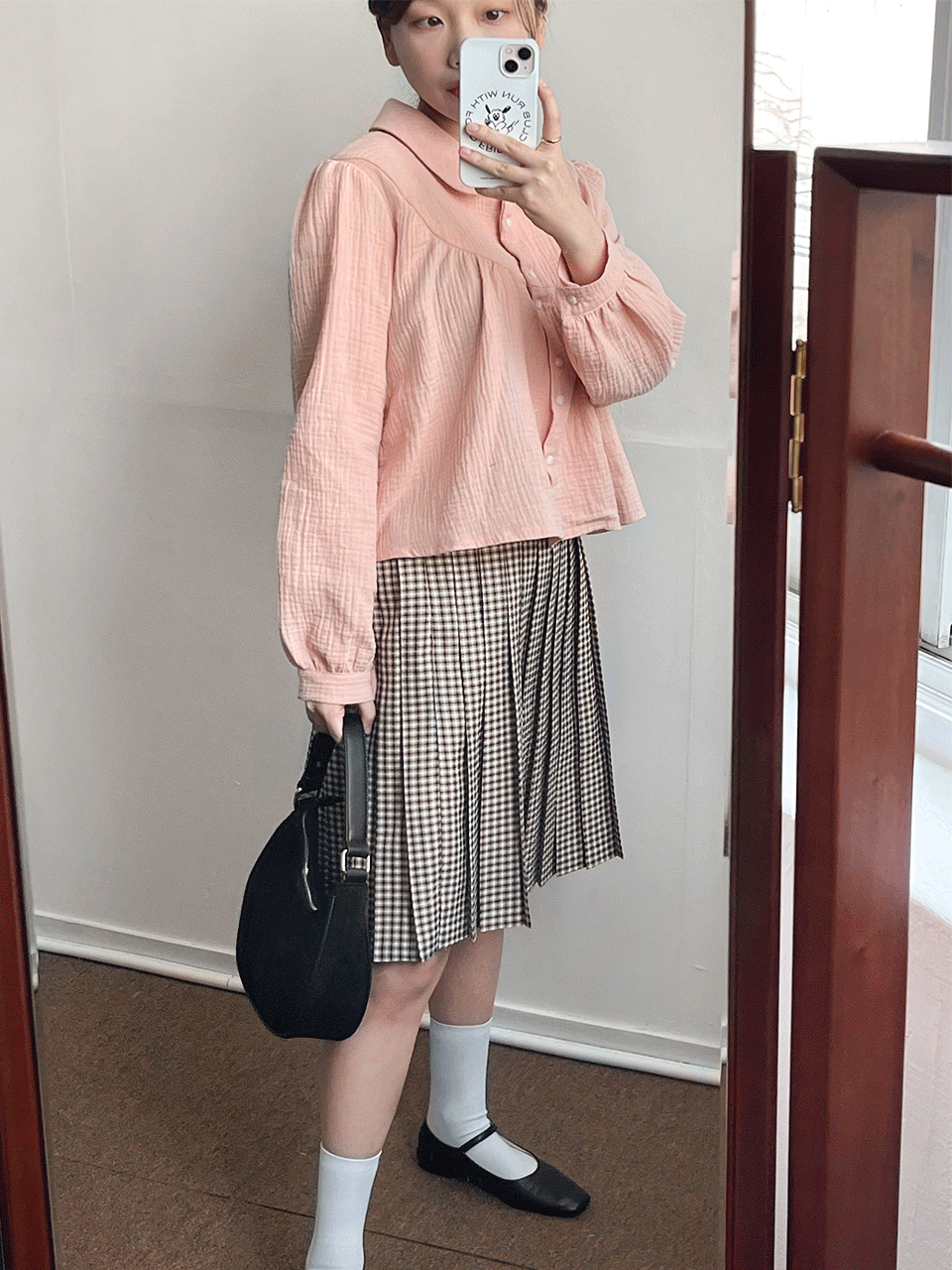 블럭 체크 플리츠 미디 스커트