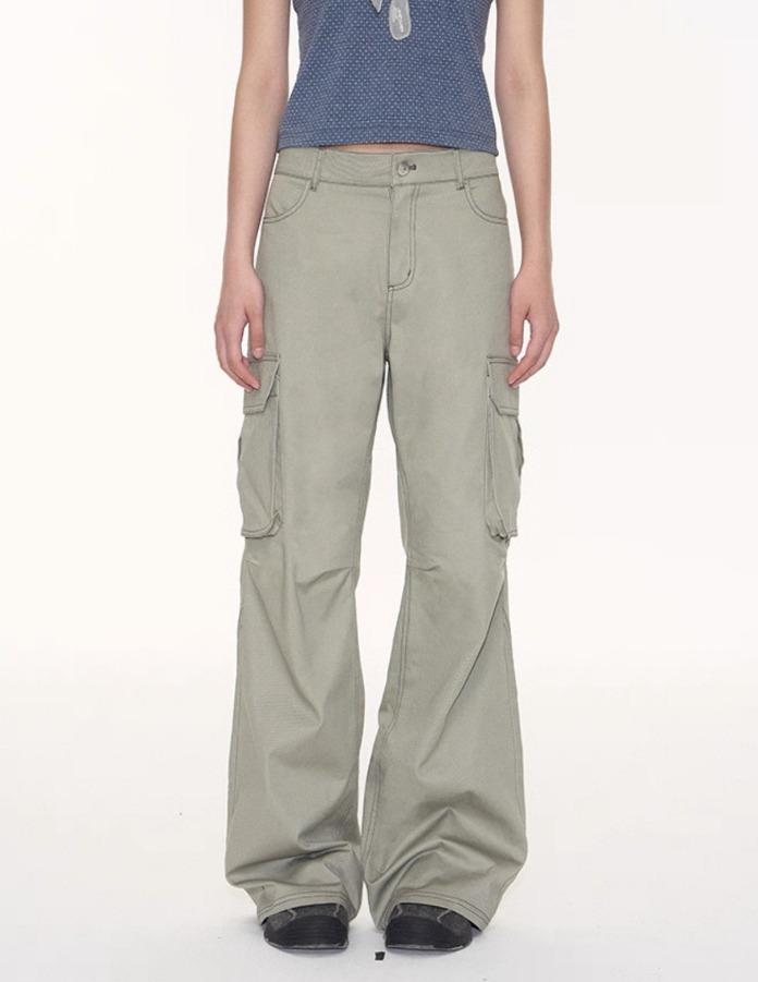 TAKEANAP 라지 포켓 로우 웨이스트 스트레이트 팬츠 (카키 베이지)