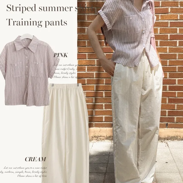 ❤️오늘출발❤️ 세트/단독구매가능 스트라이프 시스루 퍼프 반팔셔츠 + 나일론 와이드팬츠 빅사이즈 밴딩 바지