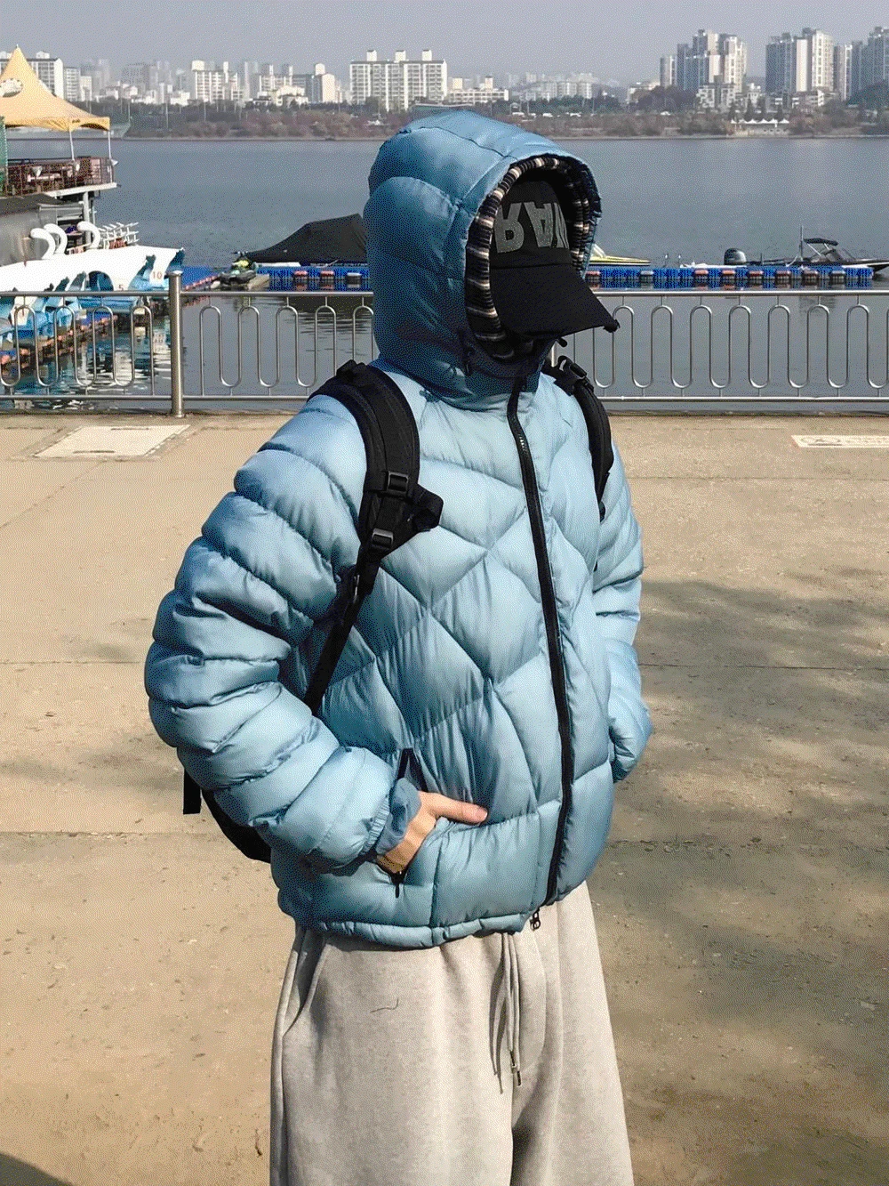 크로스 퀄팅 세미 크롭 후드패딩 2C