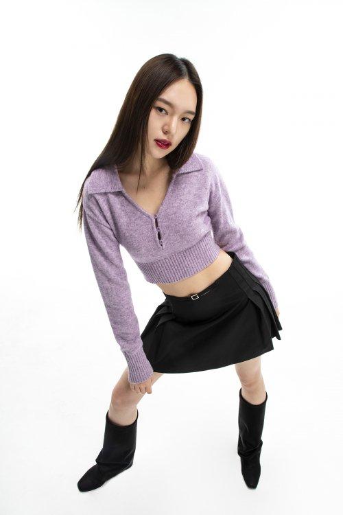 브이넥 카라 크롭 니트 라이트퍼플
