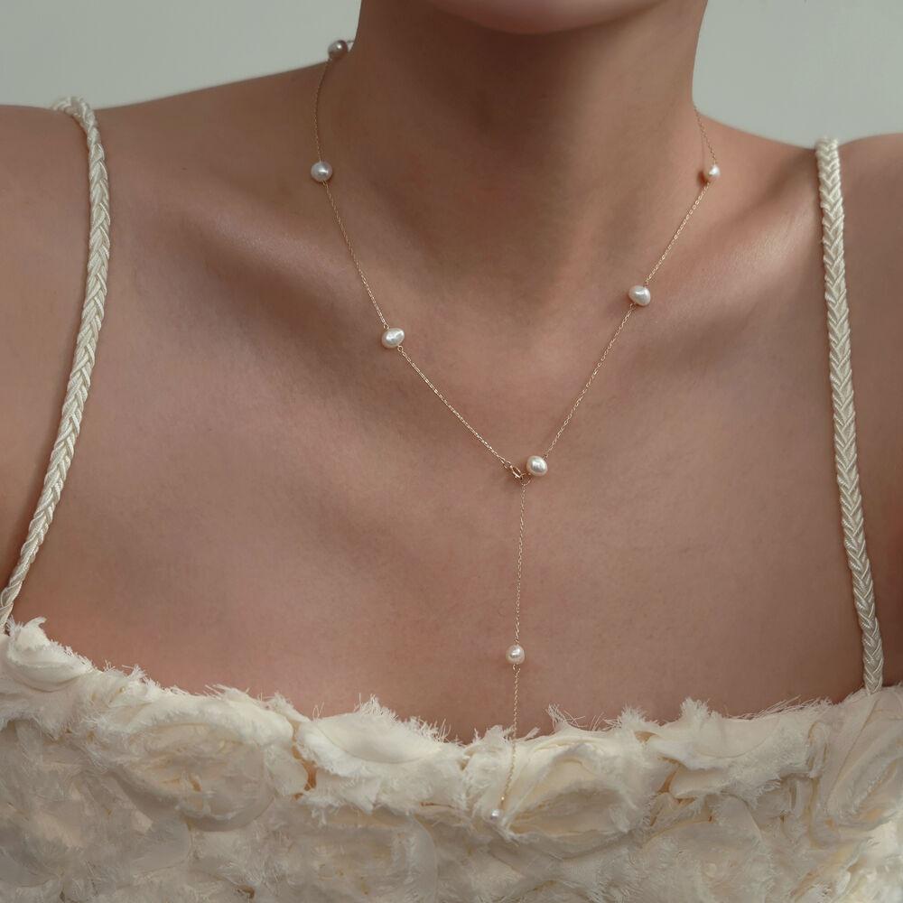 [담수진주] gold pearl drop necklace
