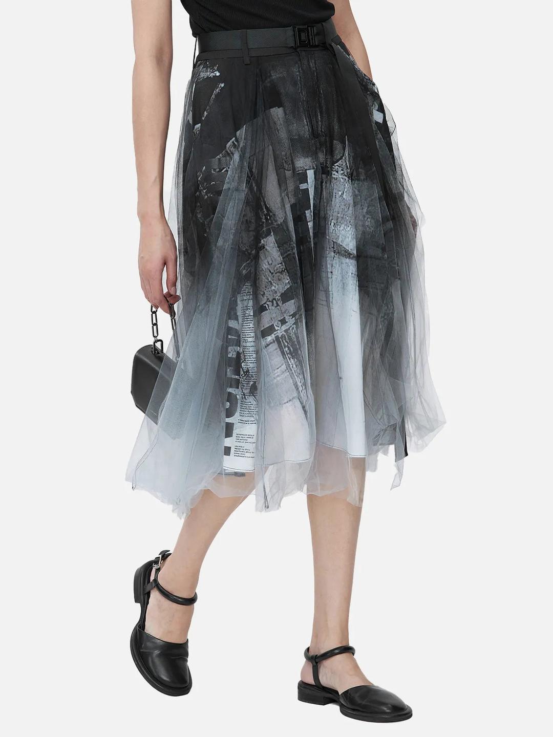 Layered Mesh Pleated Goth Midi Skirt