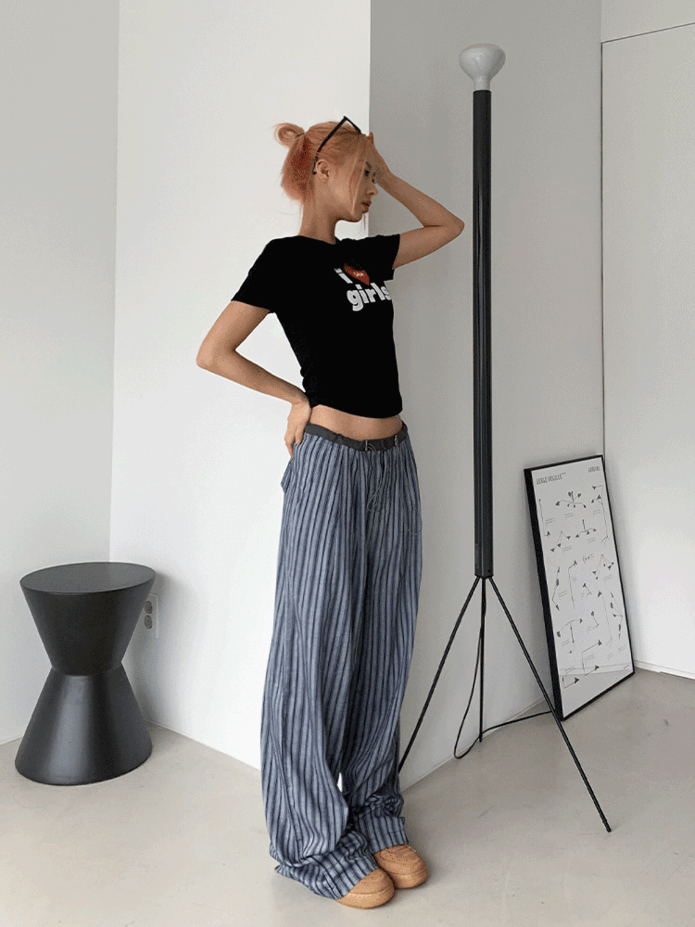 인기👍 마롱 스트라이프 밴딩 스트링 와이드 슬랙스