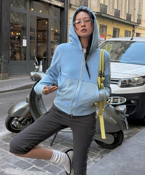 Washed Rhinestone Zip Hoodie [Blue]