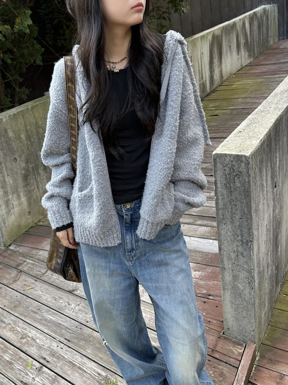 신시 부클 투웨이 니트후드집업