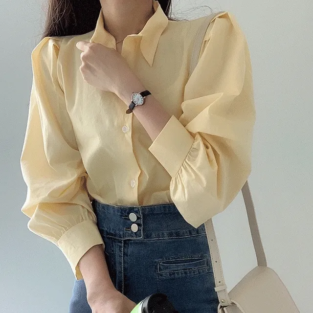 페미닌 셔링 퍼프 셔츠 블라우스